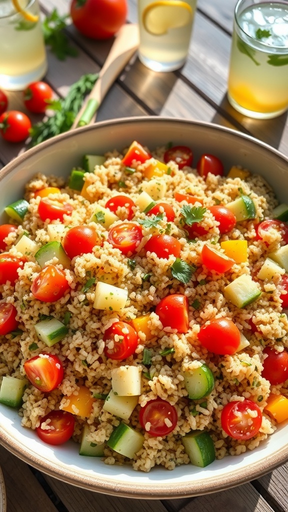A colorful quinoa salad with tomatoes, cucumber, bell peppers, and parsley in a bowl on a rustic table.